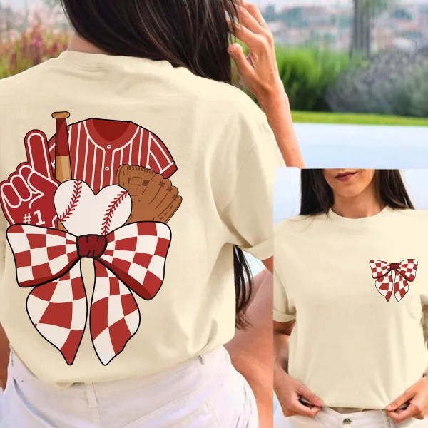 Baseball Jersey, Baseball, Baseball Glove, Baseball Bat, Foam Finger, A White Heart, And A Red And White Checkerboard Bow Tie Combination Pattern, Casual T-Shirt.