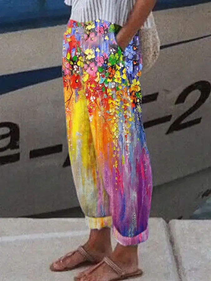 Vintage Flower Oil Painting Gradient Print Trousers