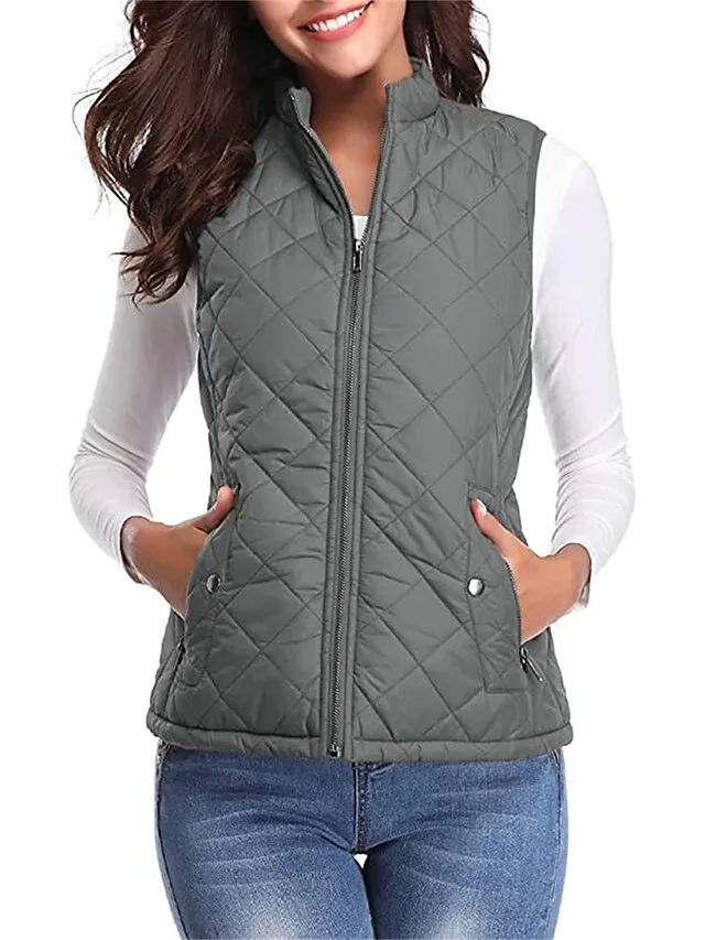 Women's Quilted Vest Crop Sleeveless Winter Coat Lightweight Puffer Gilet Warm Windproof Outerwear with Pockets Zip up Fall Street Casual Jacket Light Blue claret Sea Blue