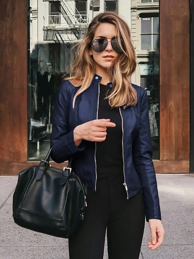 Women's Faux Leather Jacket Clean Fit Faux Motorcycle Moto Biker Coat Plus Size Short Zipper Jacket Light Pink Navy Wine Red ArmyGreen  Chic & Modern Street Fall Collarless Slim Fit S M L XL XXL XXXL