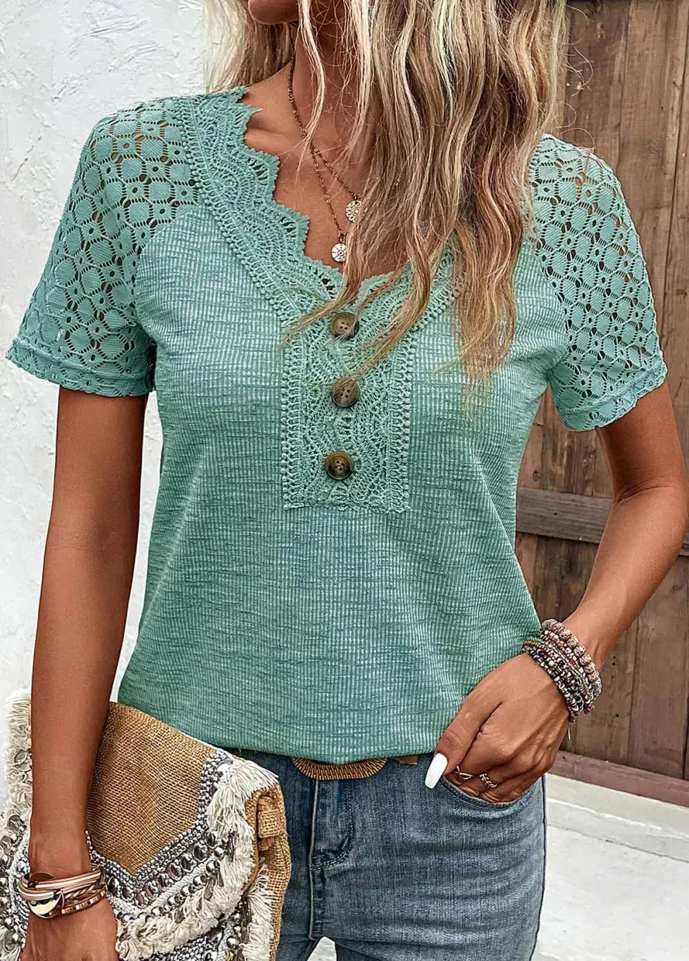Green Lace Short Sleeve V Neck T Shirt