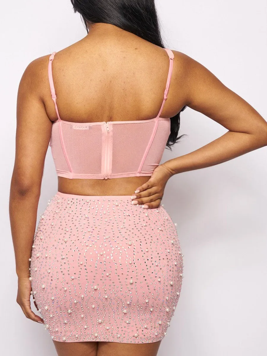 Pink Embellished Bra Top and Mini Skirt Set