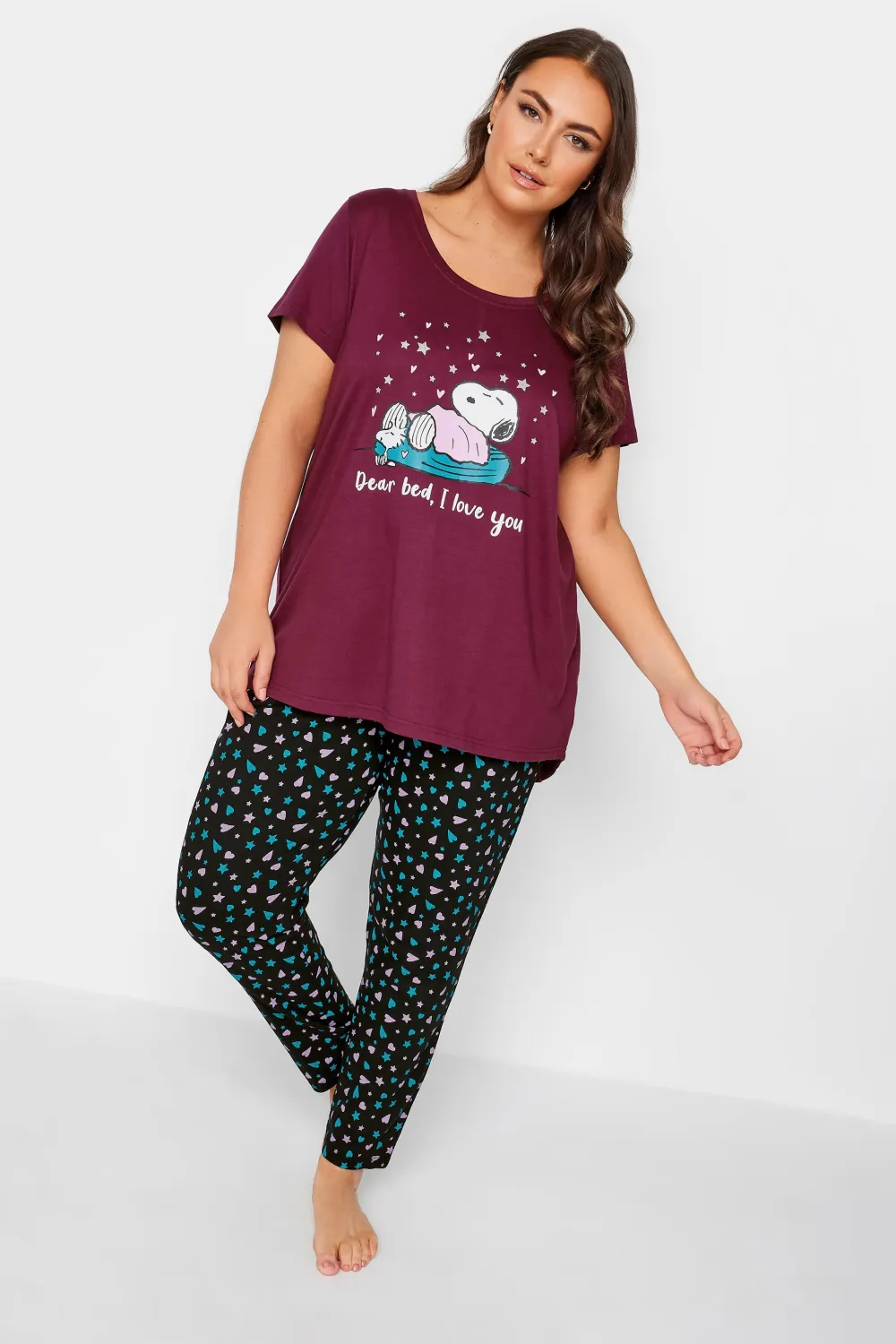 YOURS Curve Burgundy Red 'I Love You Snoopy' Slogan Pyjama Set