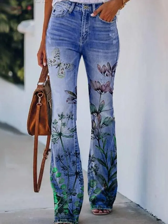 Women's Bootcut Flared Pants Bell Bottom Grey Fashion Casual Daily Full Length Flower / Floral XXL