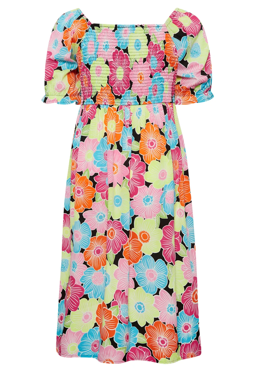 YOURS Curve Pink & Blue Floral Print Shirred Midi Dress