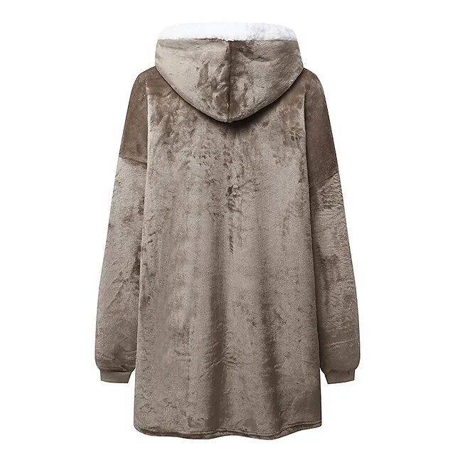 Women's Christmas Couple‘s Pajamas Nightgown Hoodie Blanket Wearable Blanket Grid / Plaid Pure Color Plush Simple Comfort Xmas Home Party Fleece Warm Gift Patchwork Pocket Fall Winter Black Gray