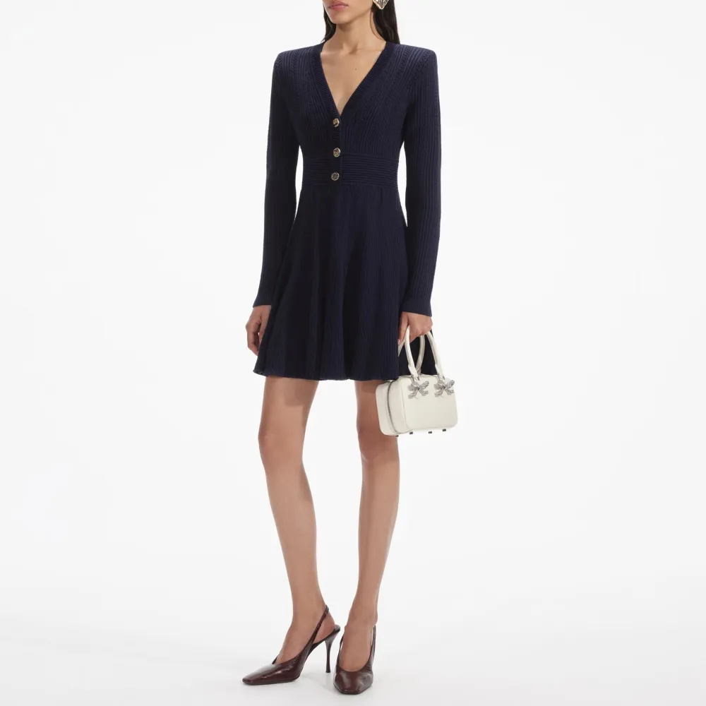 Navy Pointelle Knit Mini Dress