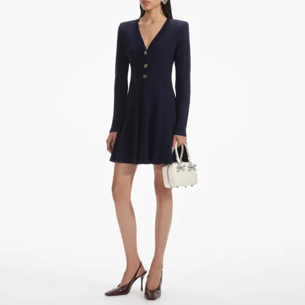 Navy Pointelle Knit Mini Dress