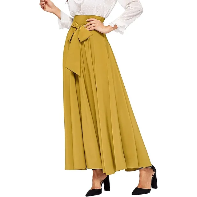 Women's Skirt Swing Work Skirts Long Skirt Maxi Cotton Blend Yellow Red Orange Skirts Autumn / Fall Streetwear Weekend S M L