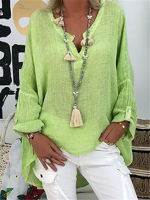 Women's Shirt Blouse Linen Black White Pink Plain Long Sleeve Casual Basic V Neck Regular Fit Spring Fall