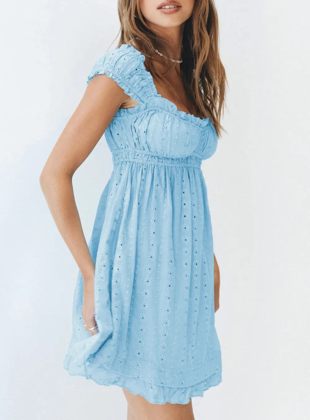 Yellow Square Neck Lace Trimmed Mini Dress