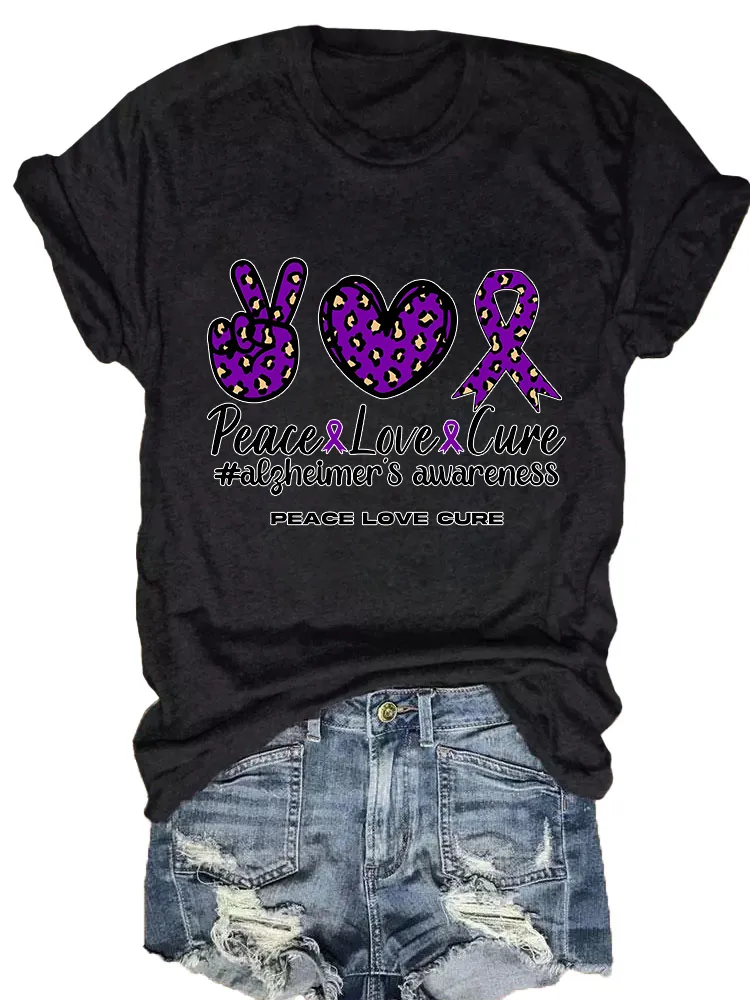 Women'S Peace Love Cure Alzheimer'S Awareness Round-Neck T-Shirt
