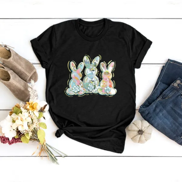Happy Easter Printed Round Neck Short Sleeve T-Shirt