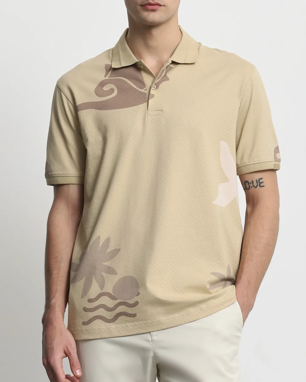 Daily Simple Soft  Beige Brocade Texture Polo Shirt