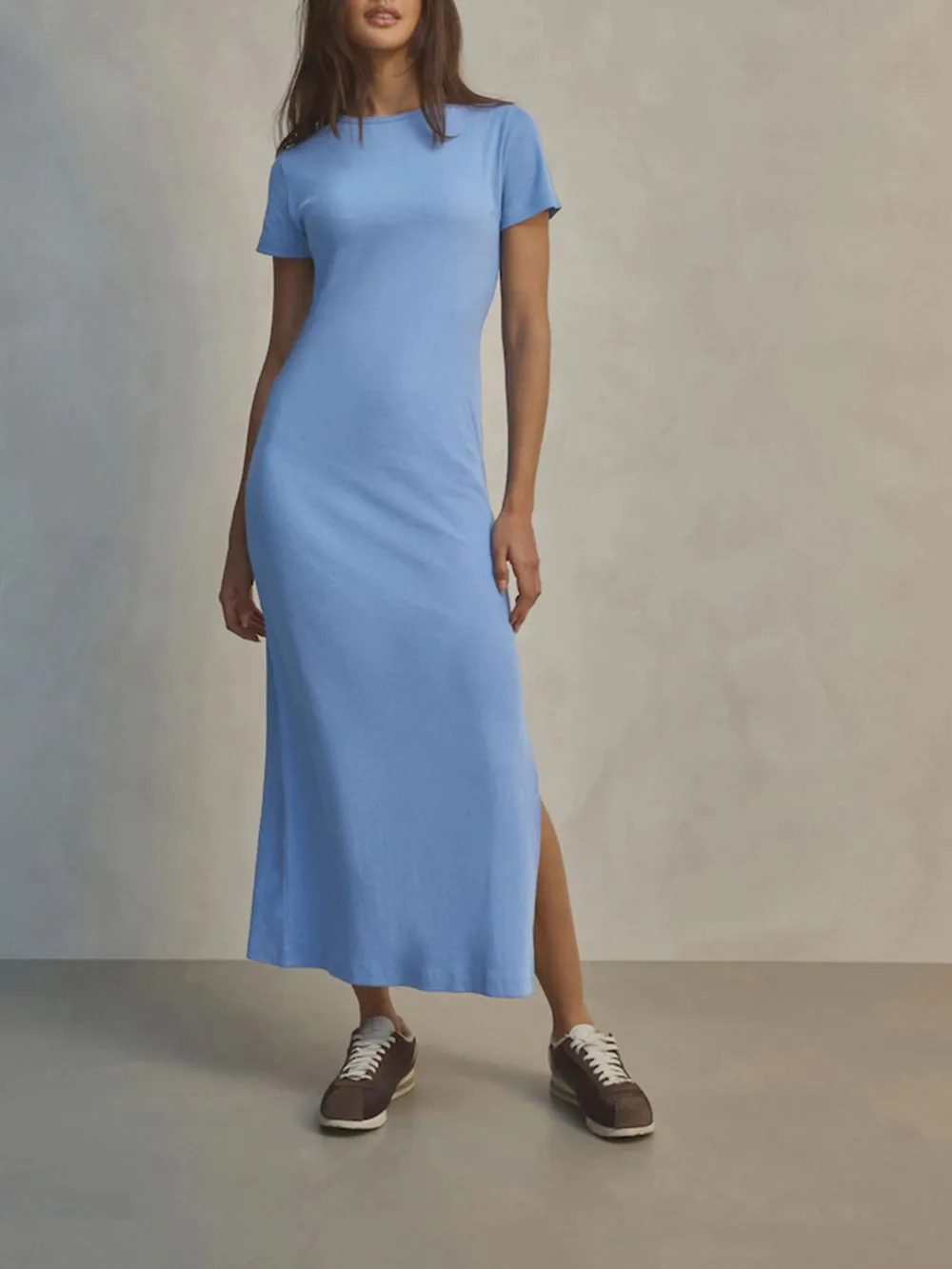 Basic Minimalist Ribbed Solid Color Crew Neck Dress