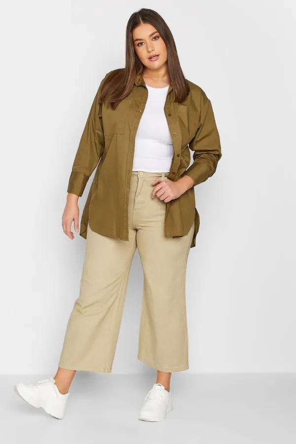 LTS Tall Green Cotton Twill Wide Leg Cropped Trousers