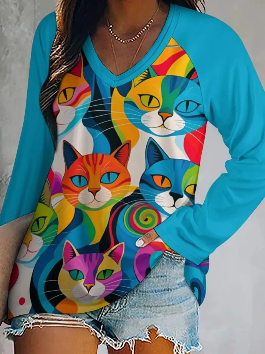 Colorful Cat V-Neck Top