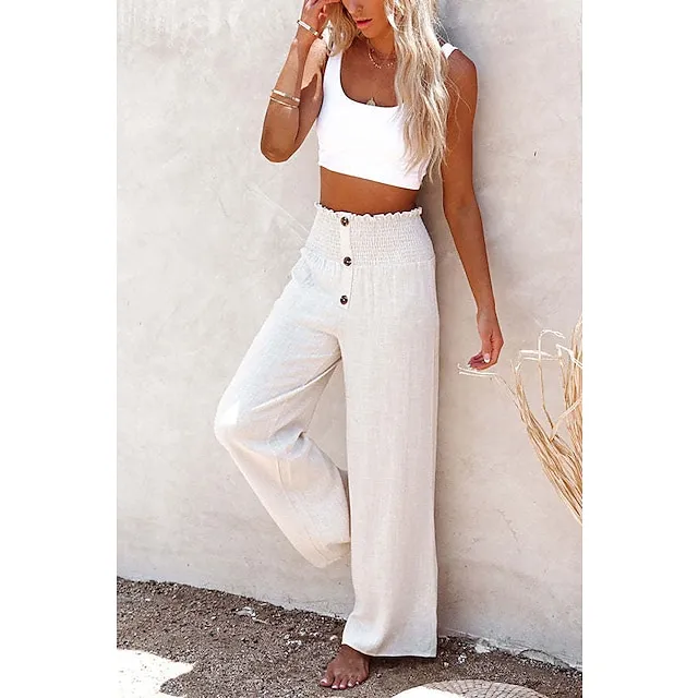Women's Culottes Wide Leg Linen Pants Chinos Faux Linen Solid Color Baggy Full Length Micro-elastic Mid Waist Fashion Casual Weekend Black White S M Summer