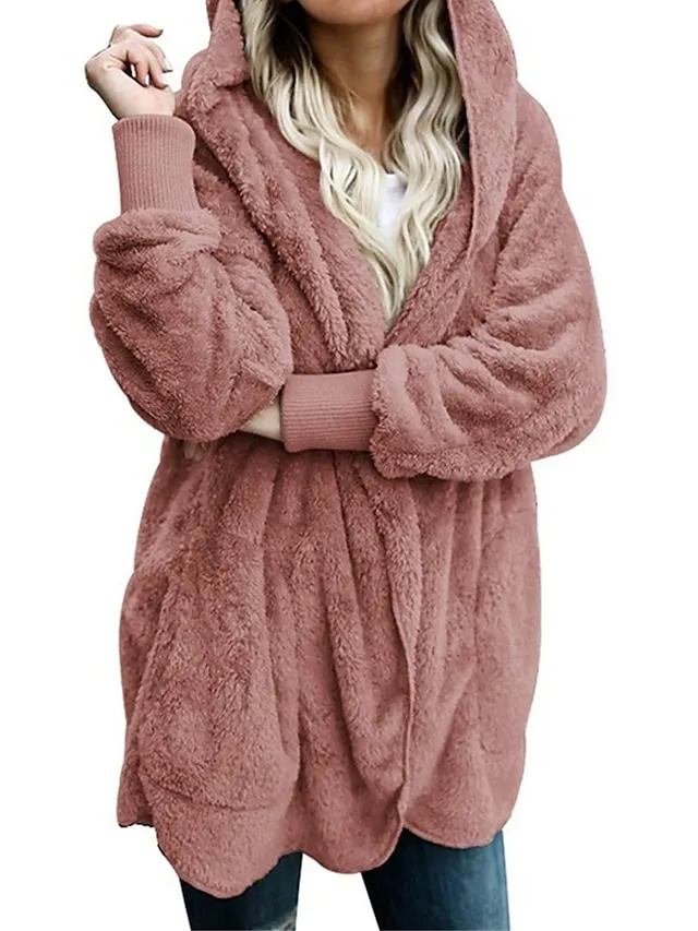 Women's Fleece Sherpa Jacket Teddy Bear Coat with Hood Open Front Winter Coat Fall Windproof Warm Comtemporary Stylish Plush Jacket Long Sleeve Plain with Pockets Oversize Lotus Black