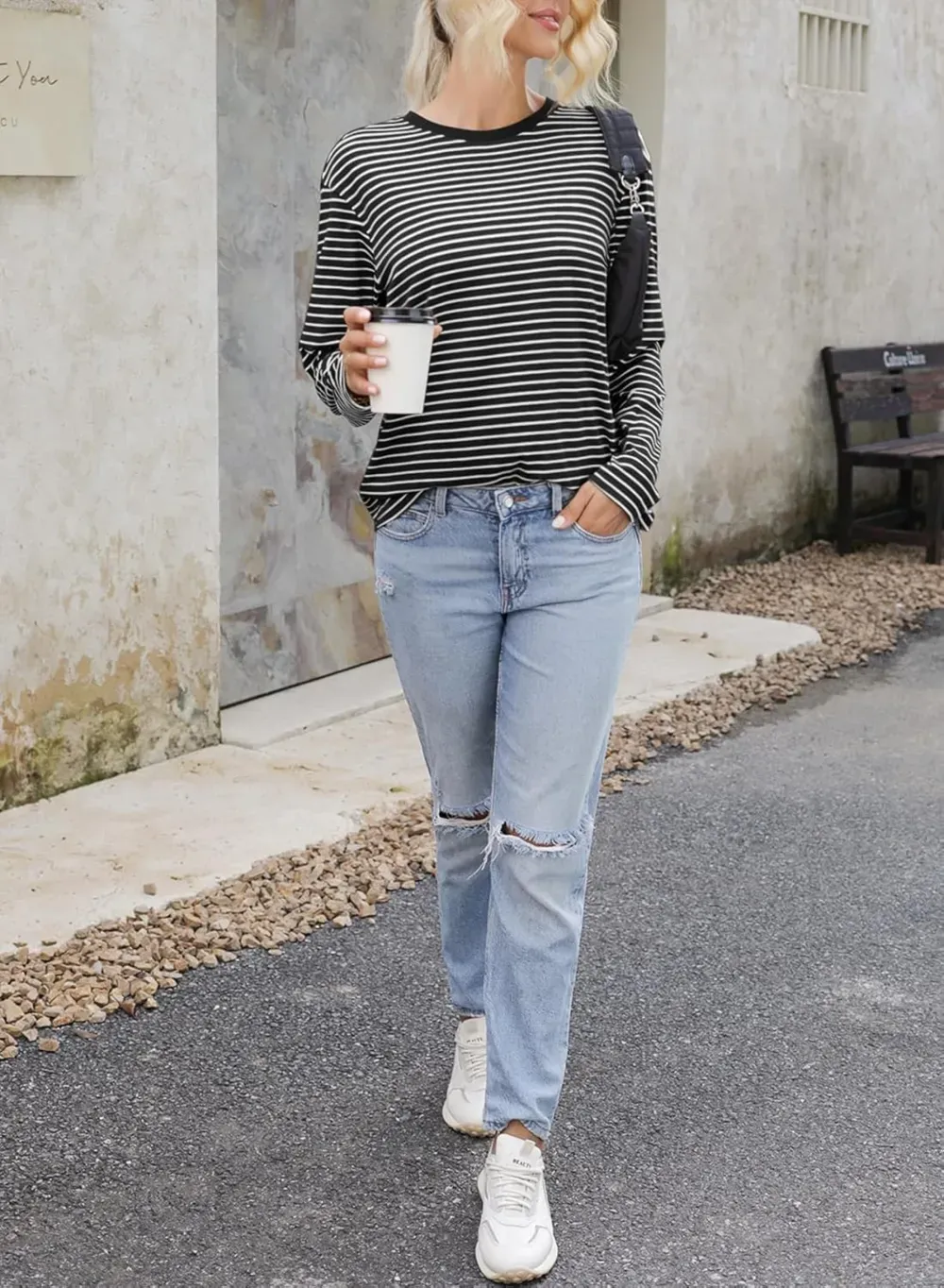 Dokotoo Women's Casual Striped Long Sleeve Tops Crew Neck Knit Ribbed Basic T Shirts