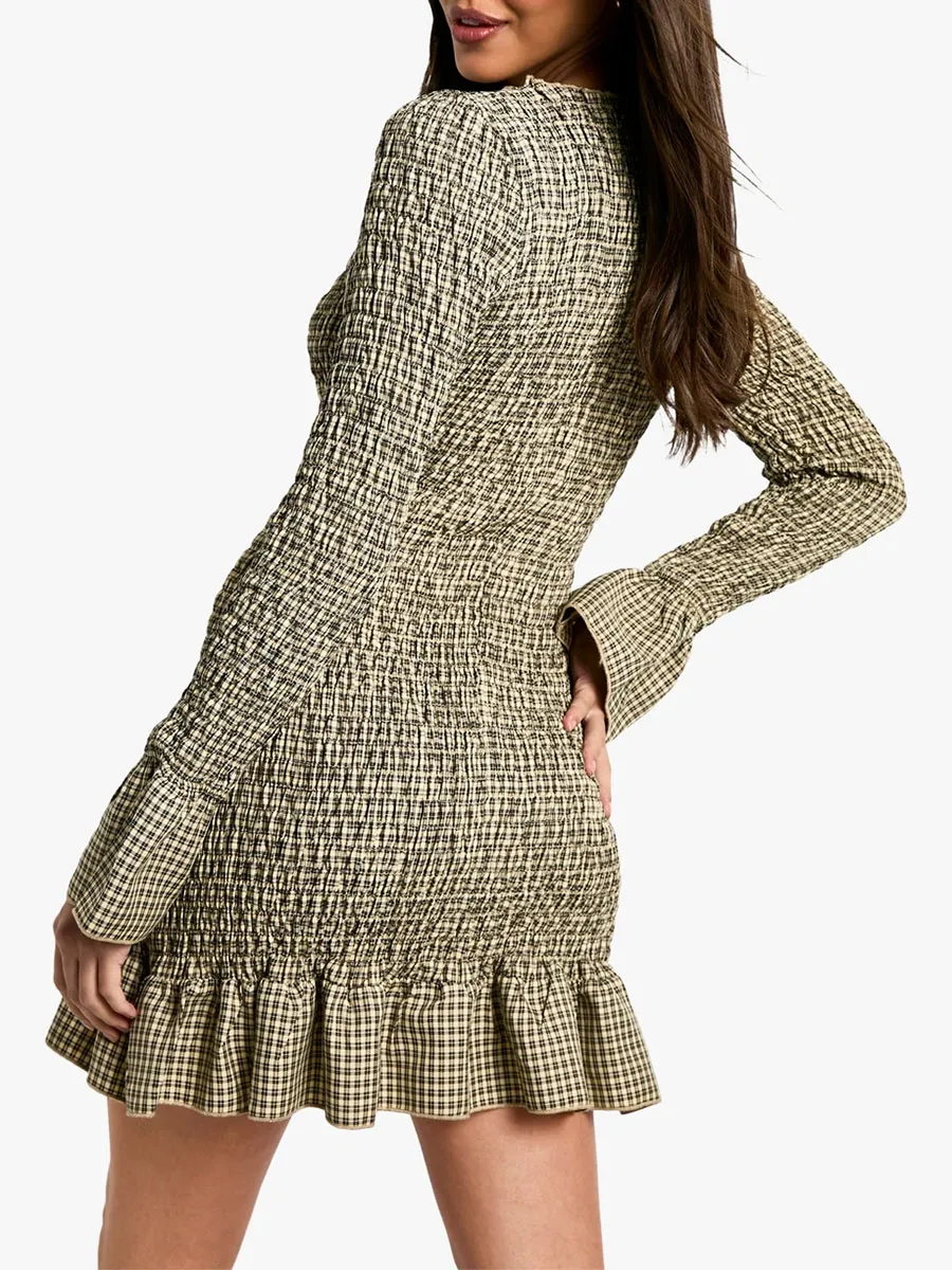 Women's Stylish Plaid Ruched Ruffle Dress