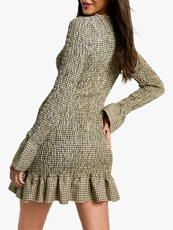 Women's Stylish Plaid Ruched Ruffle Dress