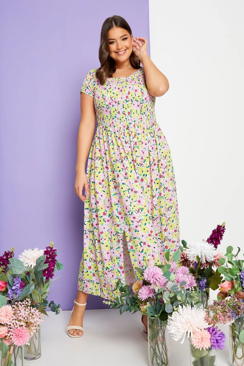 YOURS Curve White Floral Print Shirred Maxi Dress