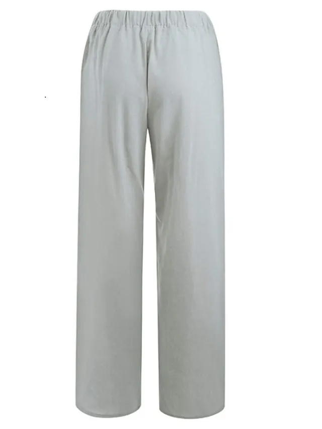Women's Basic Essential Classic Culottes Wide Leg Chinos Drawstring Pants Casual Inelastic Solid Colored Faux Linen Lightweight Mid Waist Loose Black Blue Gray Dusty Blue S M L XL XXL
