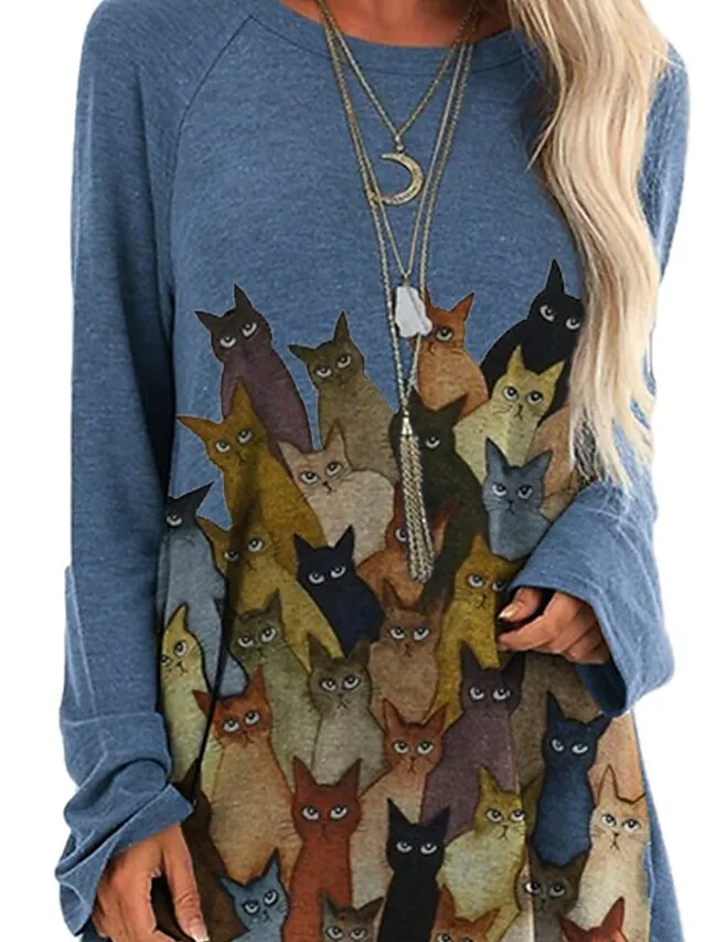 Women's T Shirt Dress Tee Dress Shift Dress Mini Dress Wine Blue Gray Long Sleeve Animal Print Spring Fall Crew Neck Basic Loose Fit 2023 S M L XL XXL 3XL