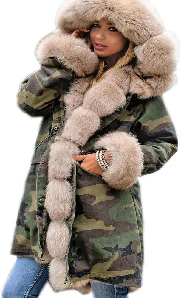 Womens Hooded Camouflage Warm Winter Coats Faux Fur Jacket Parka Overcoat