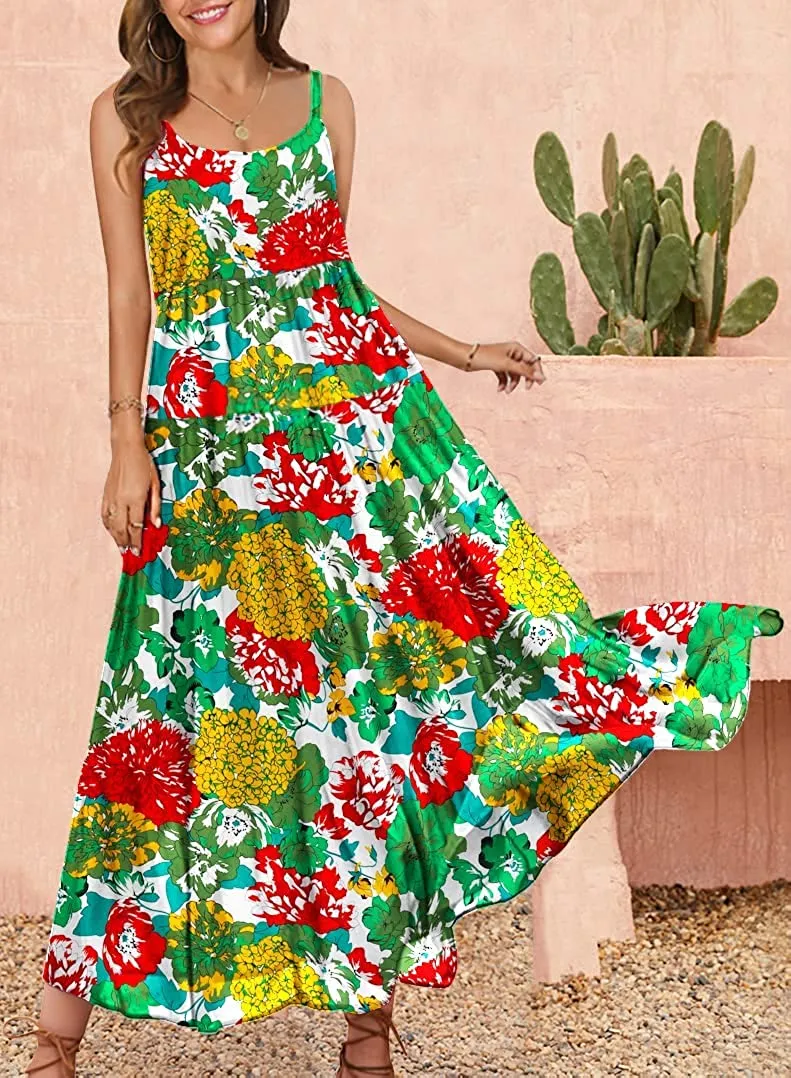 Summer Dresses for Women Casual Loose Bohemian Floral Dress with Pockets Spaghetti Strap Maxi Dress E75