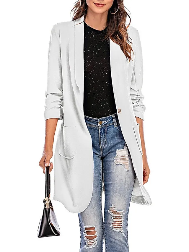 Women's Blazer Clean Fit  Casual Work Daily Fall Spring Long Coat Regular Fit Breathable Lightweight Sporty Casual Jacket 3/4 Length Sleeve Solid Color Black Pink Yellow