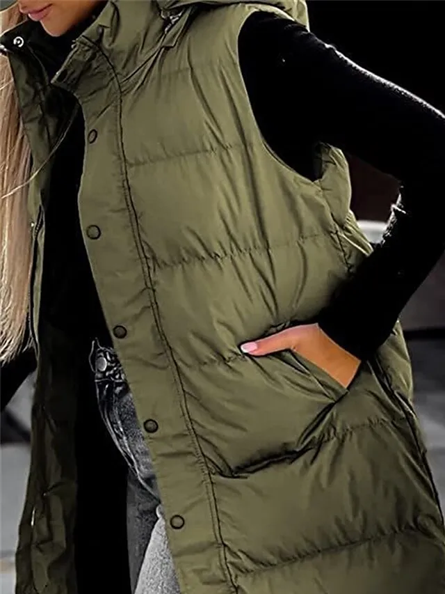 Women's Puffer Vest Long Winter Coat Sleeveless Hooded Jacket Thermal Warm Parka Windproof Gilet Zipper Outerwear Fall