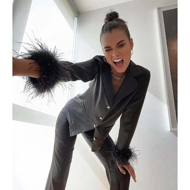 Women's Gift Loungewear Pajamas Sets Home Party Valentine's Day Feather Pure Color Silk Simple Soft Shirt Pant Fall Spring Summer Lapel Long Sleeve Long Pant Buckle Pocket