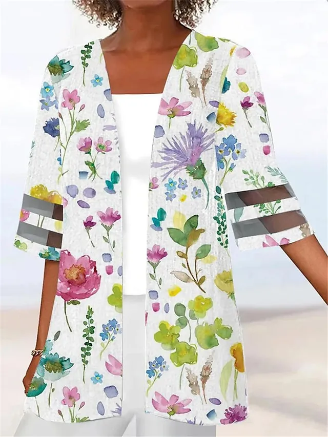 Women's Jacket Casual Jacket Outdoor Patchwork Floral Breathable Fashion Regular Fit Outerwear 3/4 Length Sleeve Summer Light Pink S