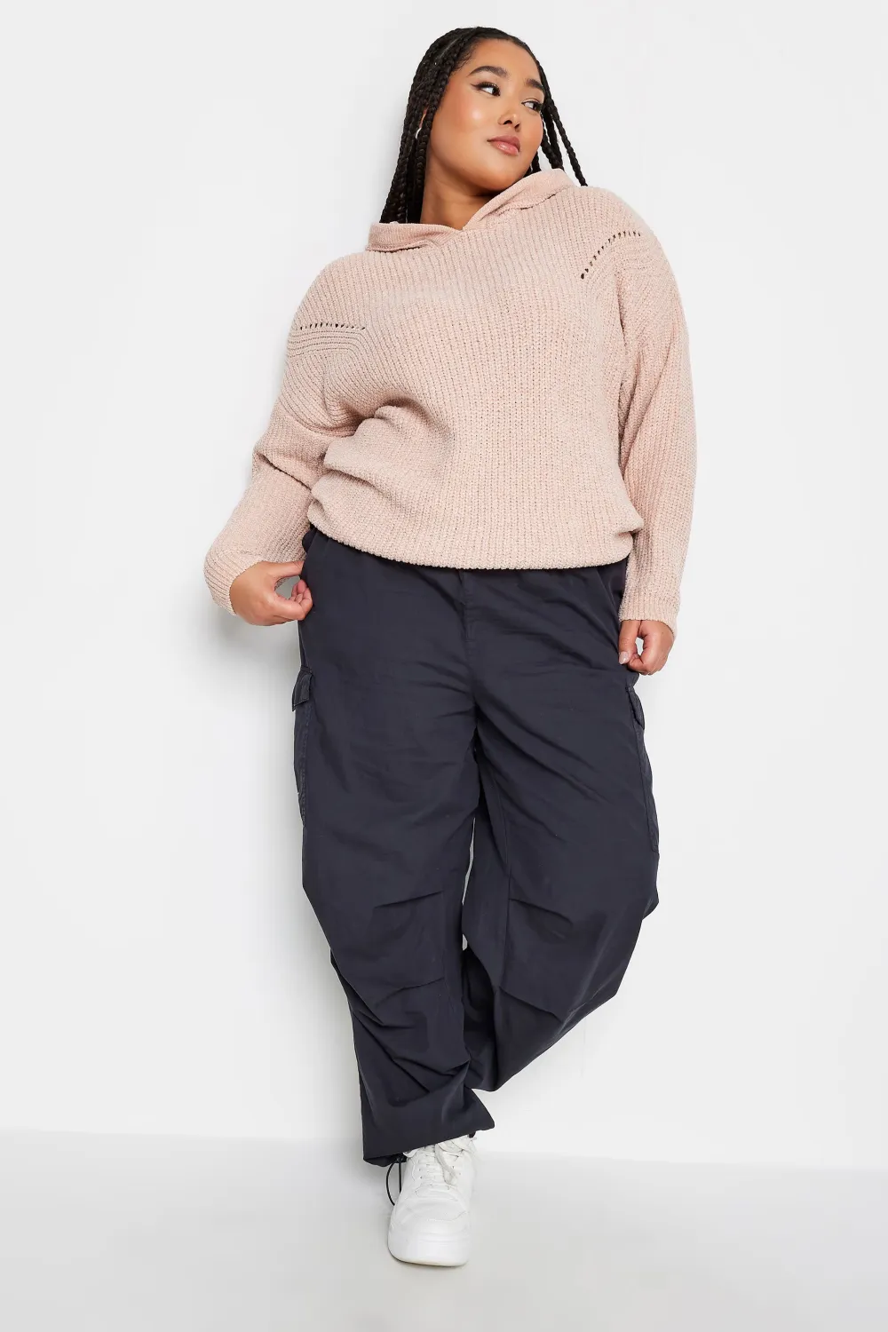 YOURS Curve Light Pink Chenille Knitted Hoodie