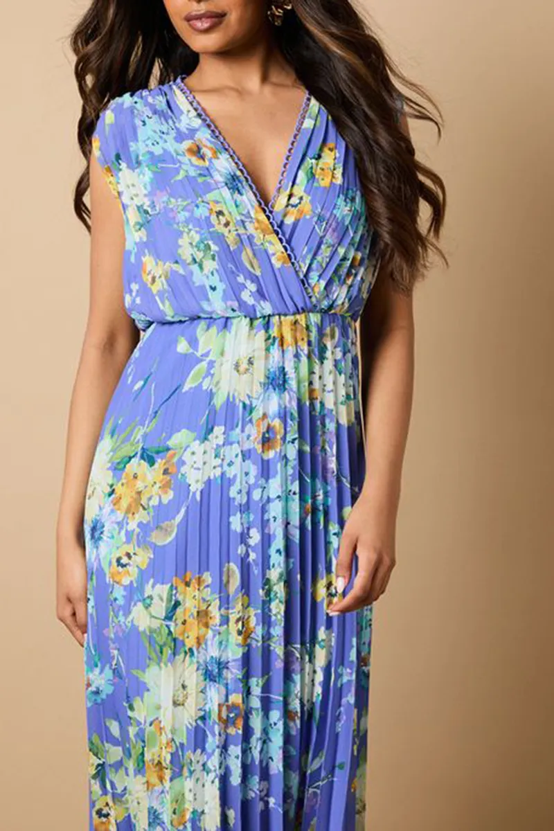 Blue Floral Pleated Wrap Dress
