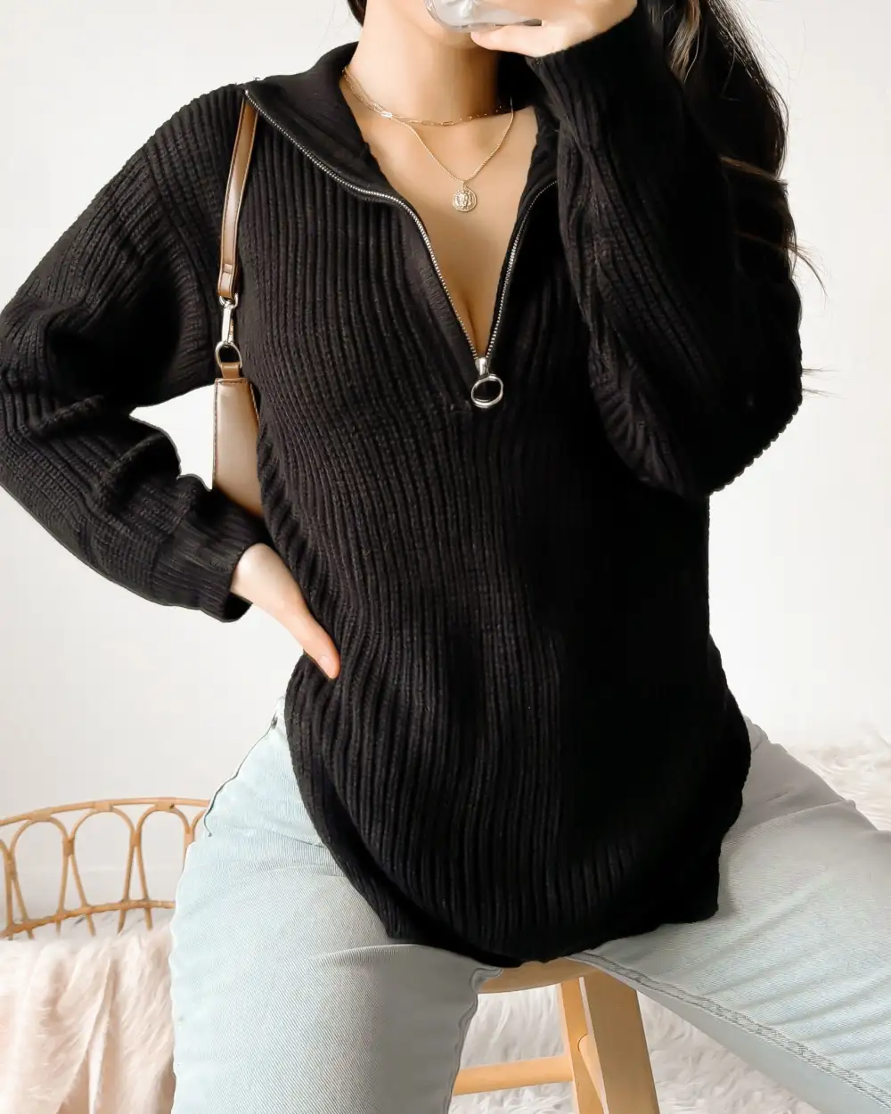SOPHIA QUARTER ZIP KNIT TOP (BLACK)
