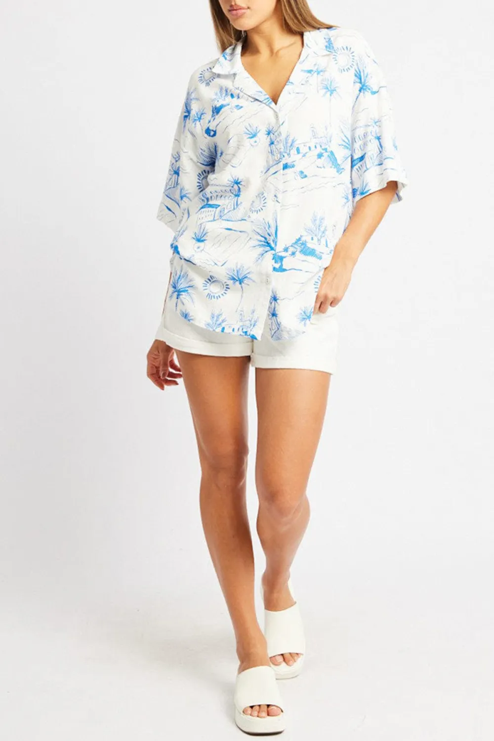 Blue Abstract Relaxed Shirt Short Sleeve Linen Blend