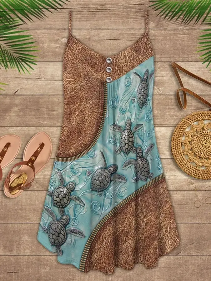 Vacation Sea Turtle Beach Print Spaghetti Strap Dress Swimsuit Coverup