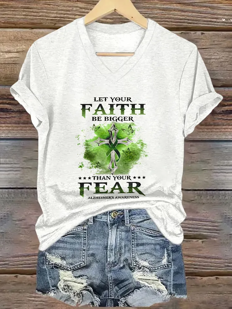 Women'S  Let Your Faith Be Bigger Then Your Fear Alzheimer'S Awareness V-Neck T-Shirt