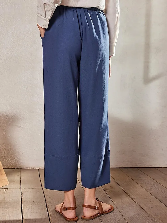 Women's Linen Pants Chinos Pants Trousers Cotton Plain Side Pockets Baggy Ankle-Length Mid Waist Fashion Casual Weekend Navy Blue khaki S M