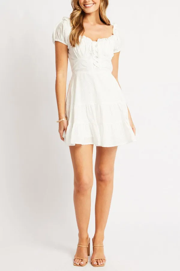 White Fit And Flare Dress Short Sleeve Eyelet Fabric
