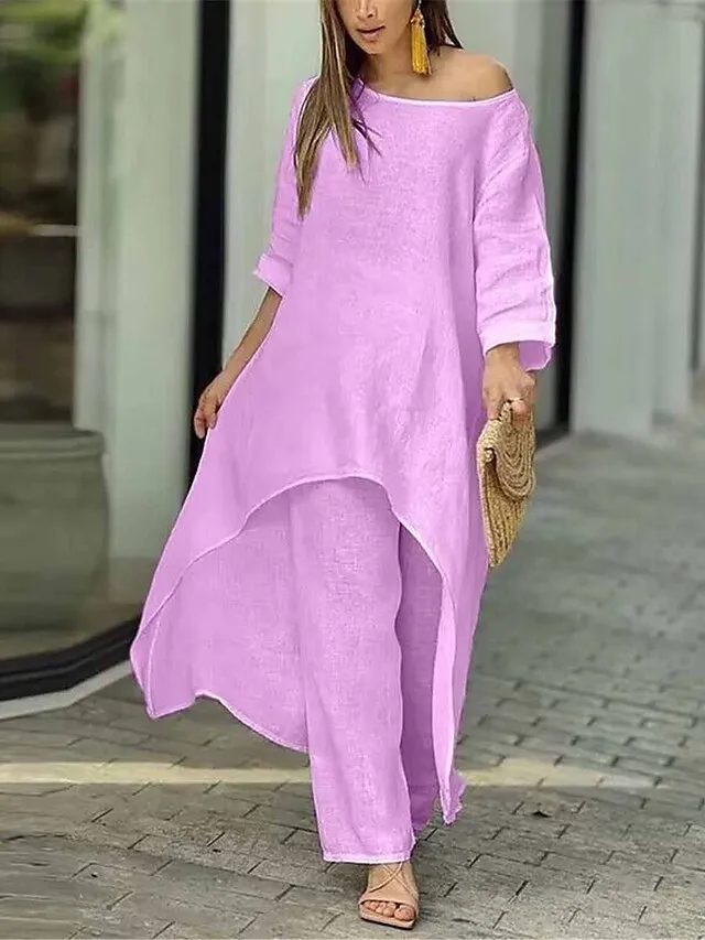 Women's Loungewear Sets Pure Color Fashion Simple Casual Street Date Airport Polyester Breathable Crew Neck Long Sleeve Pant Summer Spring White Yellow