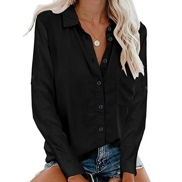 Women's Shirt Blouse Black White Wine Plain Long Sleeve Work Daily Basic Business Elegant Shirt Collar Regular Cotton Loose Fit S