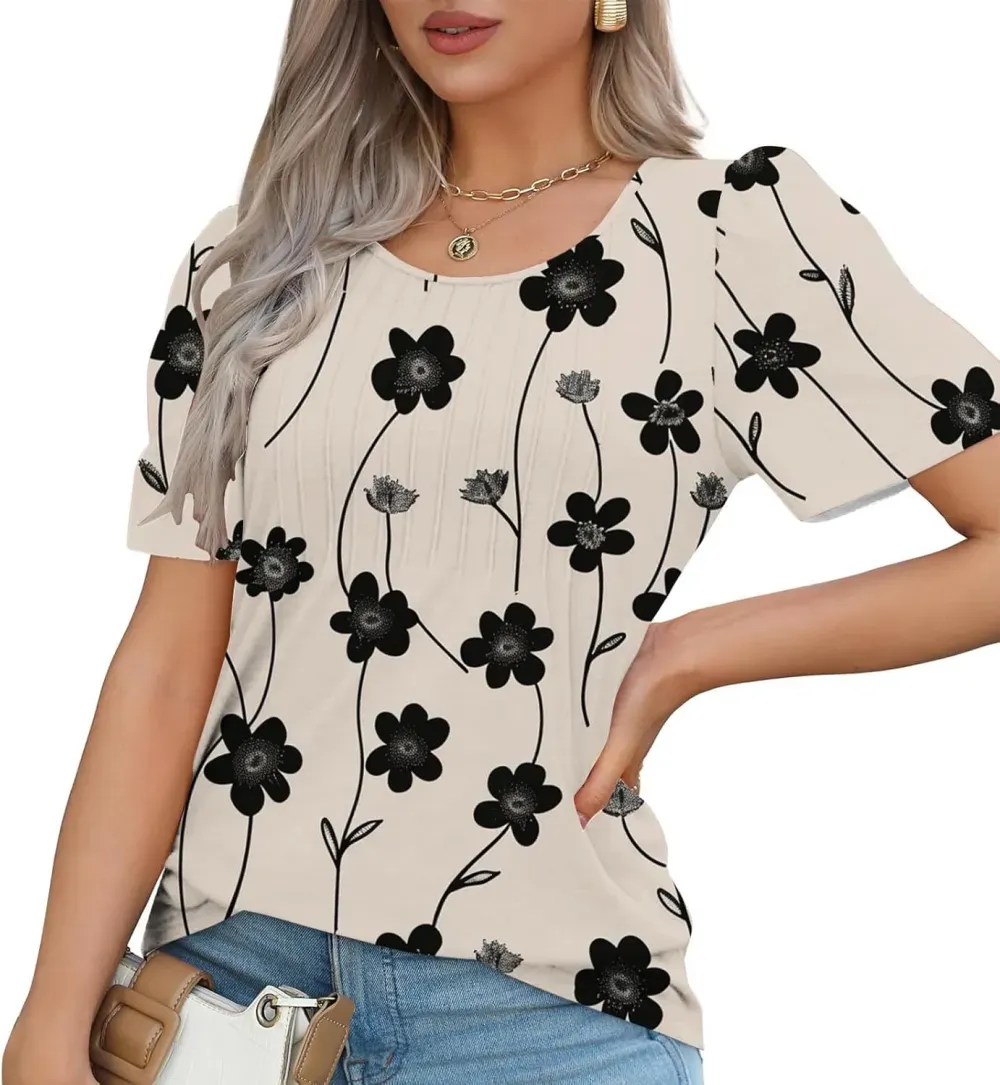 Womens Summer Pleated Front Shirts Tunics Casual Short Sleeved Loose Round Neck Boho Printed Tops Vacation Blouse