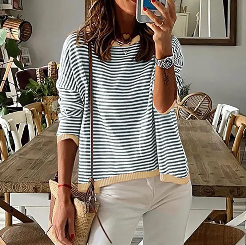 Casual Contrast Striped Off Shoulder Long Sleeved Sweater