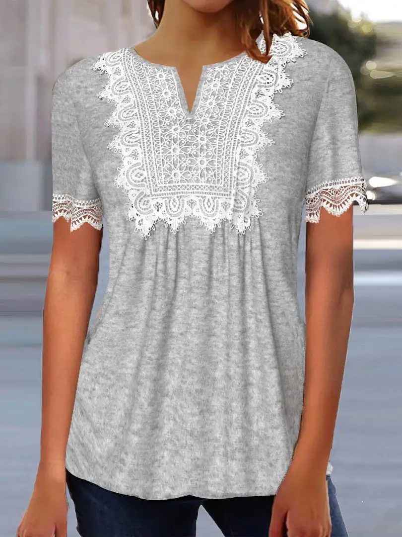 Women's Lace Short Sleeve V-neck Top