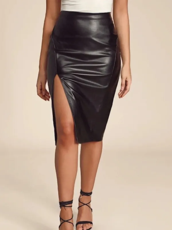 Slit Faux Leather Midi Skirt
