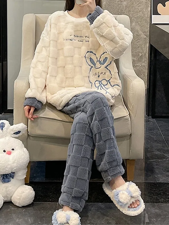 Women's Pajamas Sets Letter Bear Plush Casual Comfort Home Daily Bed Coral Fleece Coral Velvet Warm Crew Neck Long Sleeve Pullover Pant Fall Winter 3206 Pink Checkered Bear Girl 3202 Pink Checkered